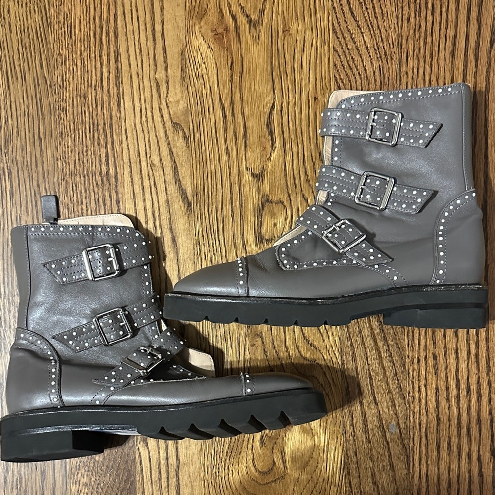 Stuart Weizmann Studded Gray combat Boots with Buckles